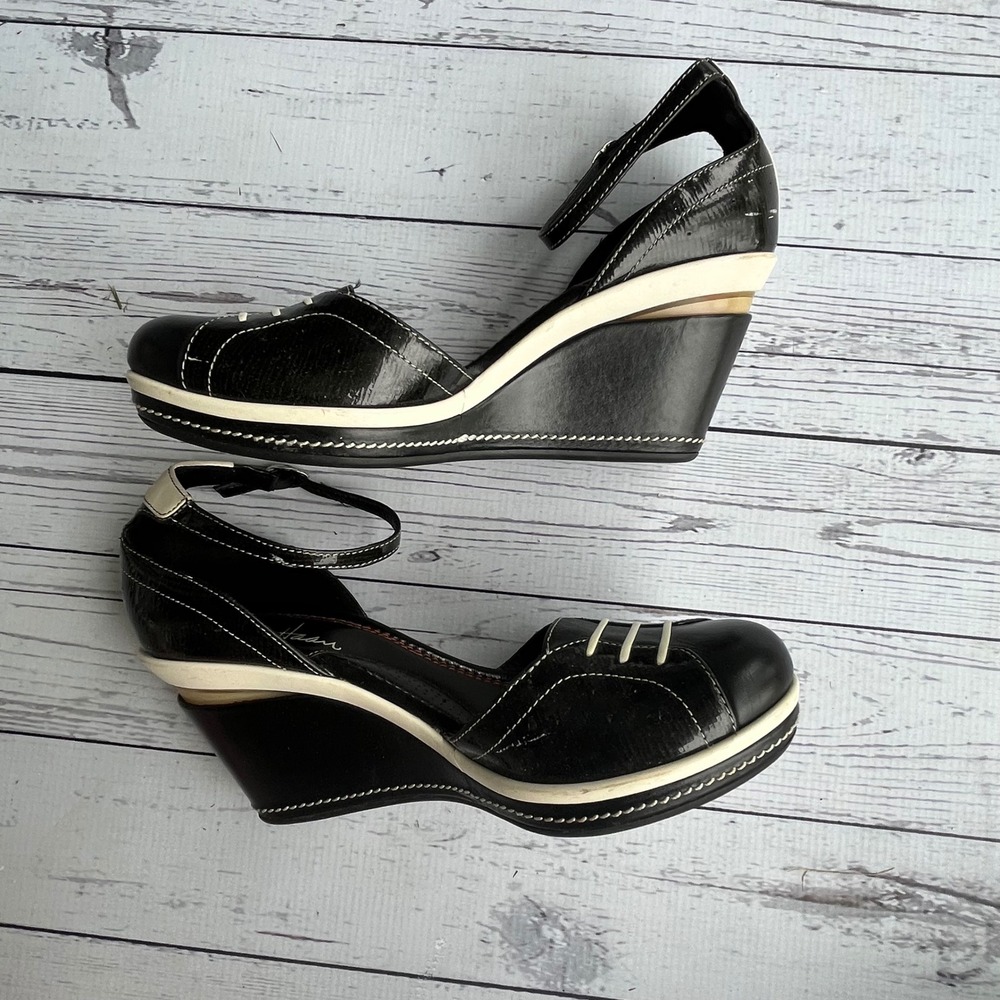 Cole Haan Black Patent Leather Ankle Strap Wedge Sandals Retro Spectator size 7